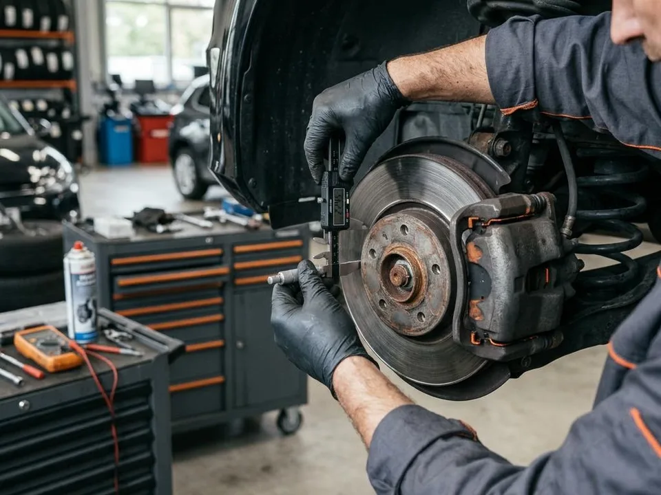 Mechaniker kontrolliert Bremsscheibe und Bremssattel