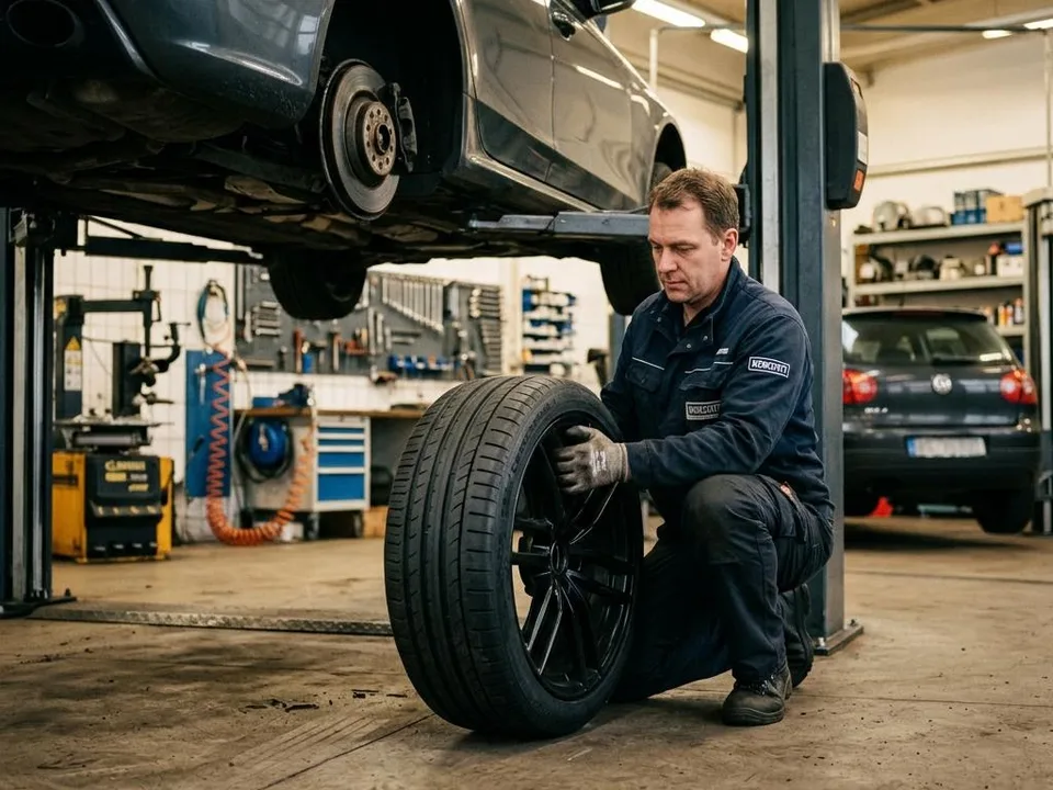 Radmontage am angehobenen Fahrzeug in der Werkstatt
